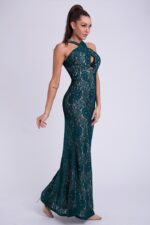 Stylowa sukienka o eleganckiej linii w kolorze butelkowej zieleni - obrazek 2